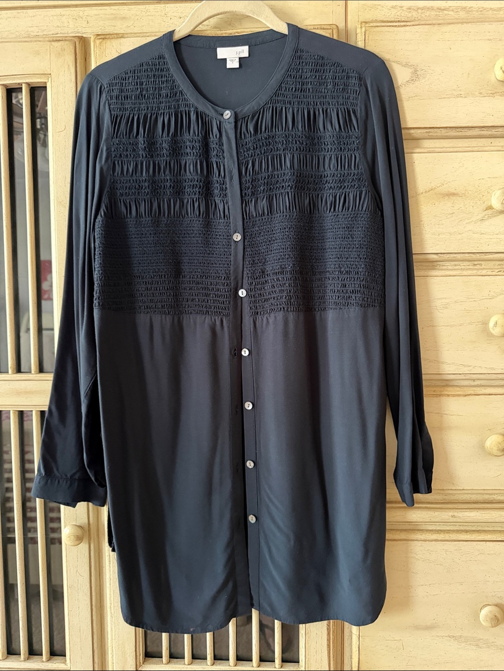 J Jill Navy Smocked Button-Front Tunic